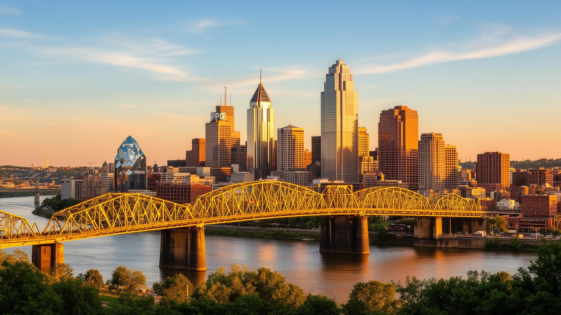 Pittsburgh, Pennsylvania skyline at golden hour with the iconic yellow bridges over the rivers
