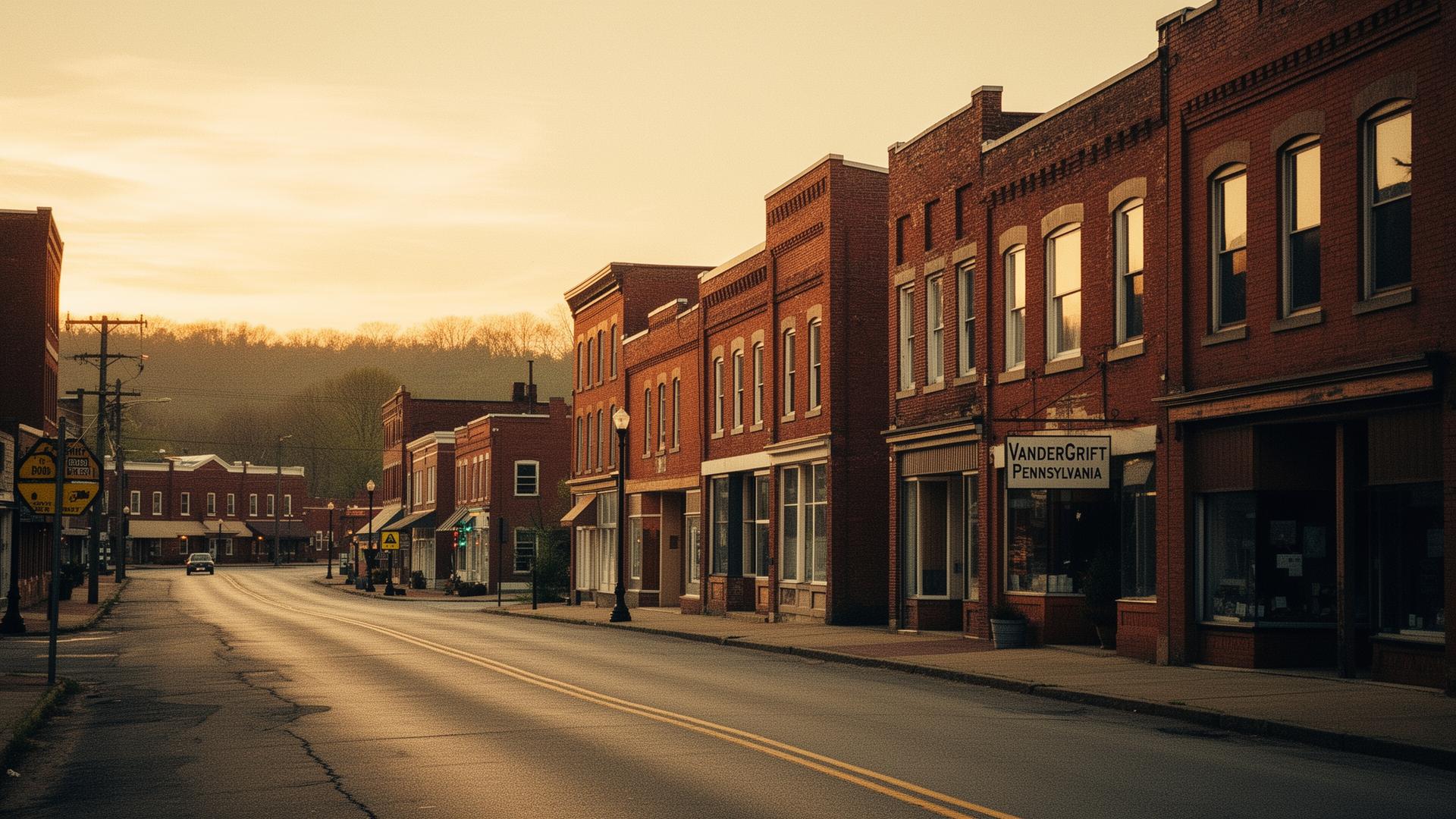 Historic brick downtown Vandergrift, Pennsylvania at sunset
